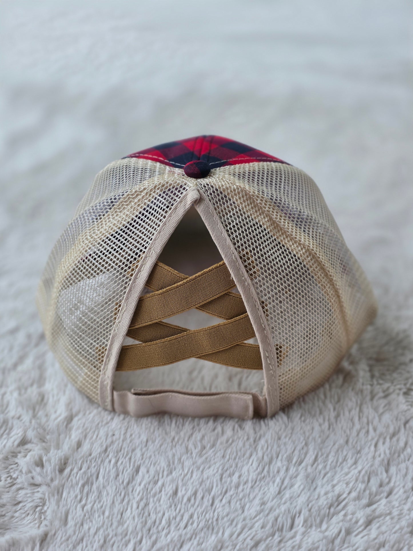 Red Buffalo Plaid Criss Cross Ponytail Hat