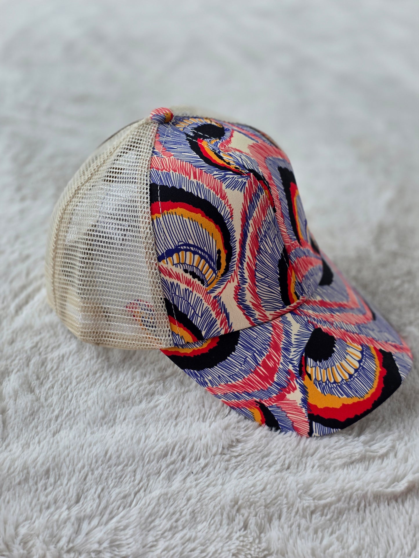 Abstract Rainbow Criss Cross Ponytail Hat