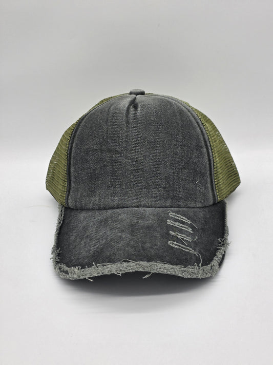 Distressed Black & Olive Foam Trucker Hat