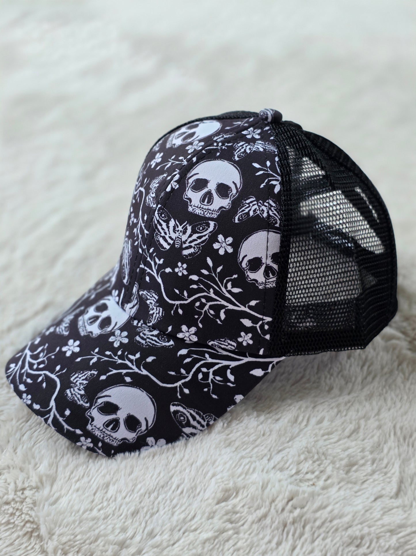 Midnight Skull & Moth Criss Cross Ponytail Hat