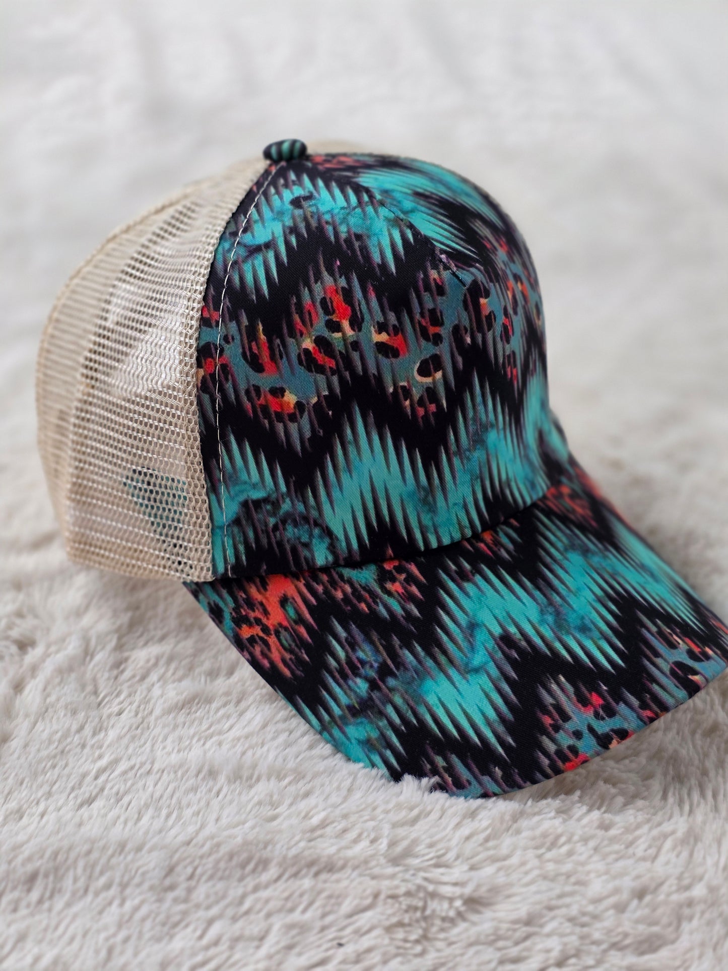 Turquoise Tribal Leopard Criss Cross Ponytail Hat