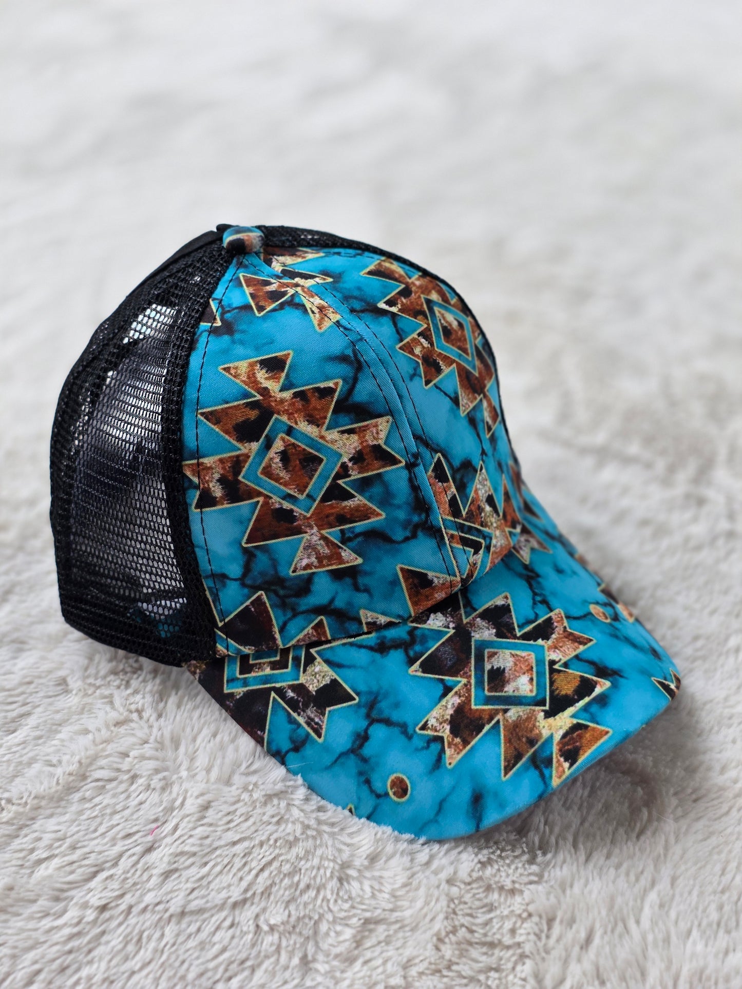 Turquoise Southwest Criss Cross Ponytail Hat