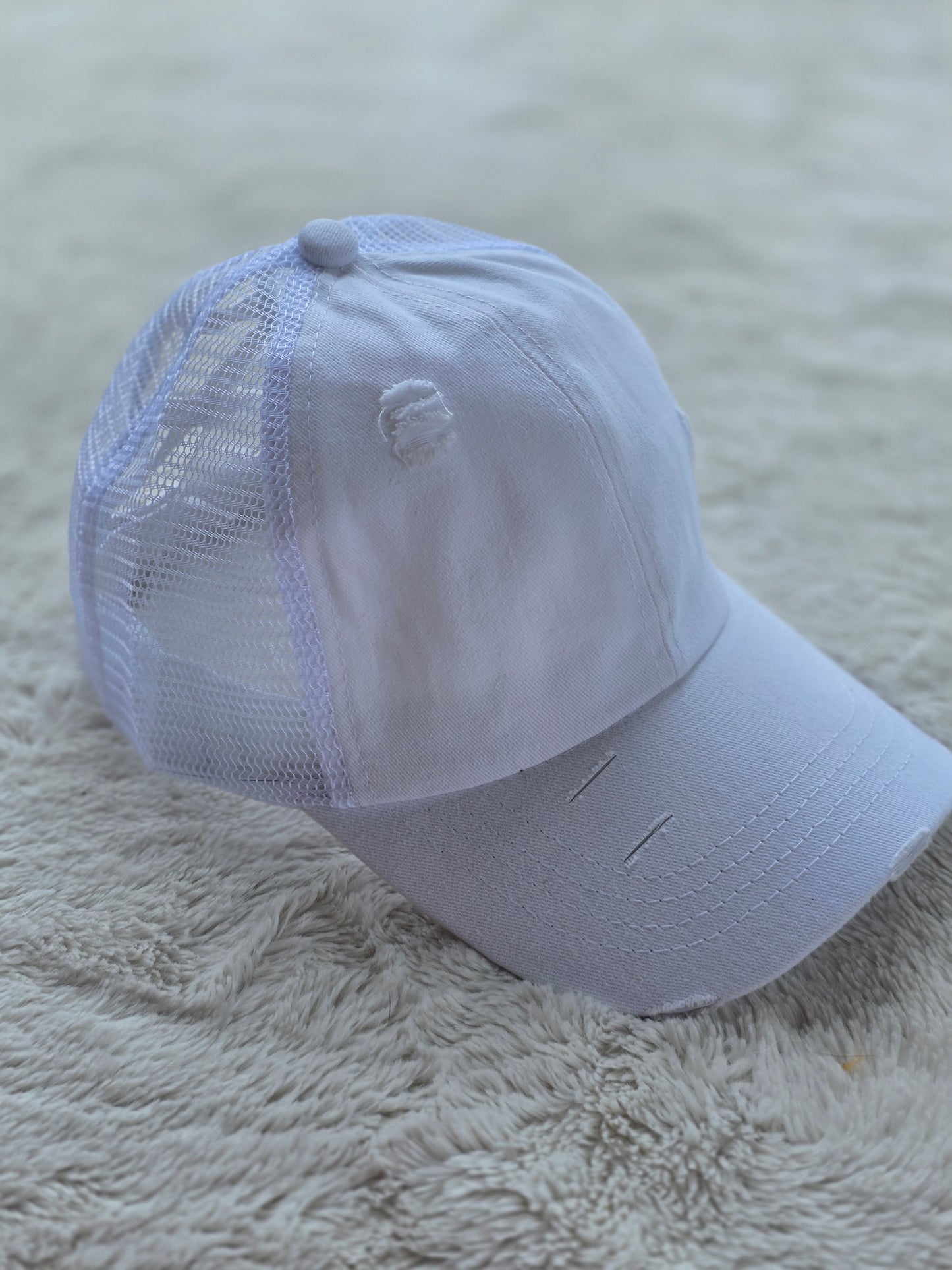 White Distressed Criss Cross Ponytail Hat