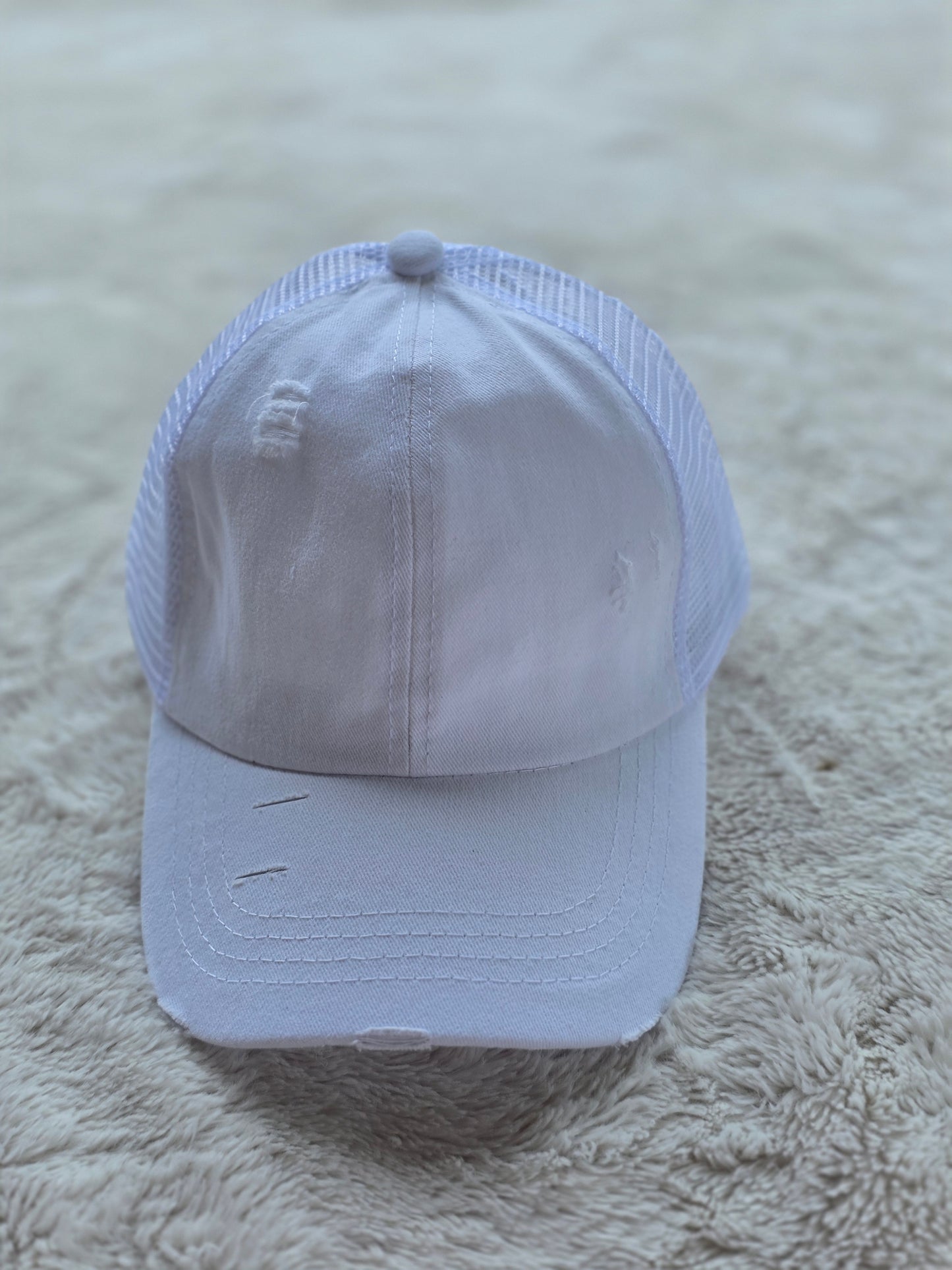 White Distressed Criss Cross Ponytail Hat
