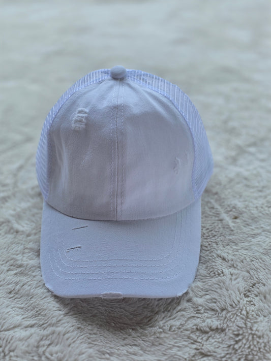 White Distressed Criss Cross Ponytail Hat
