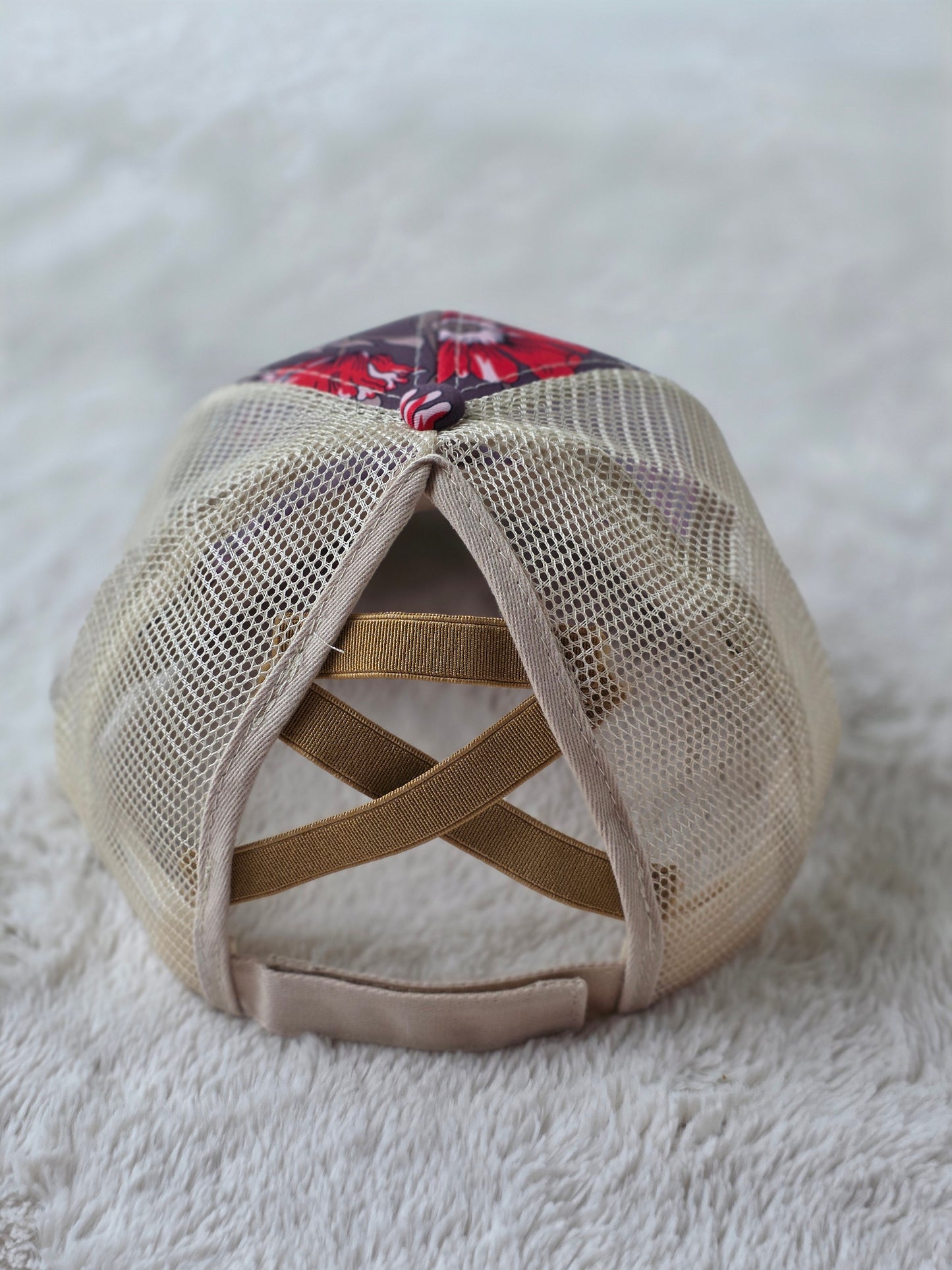 Crimson Wildflower Criss Cross Ponytail Hat
