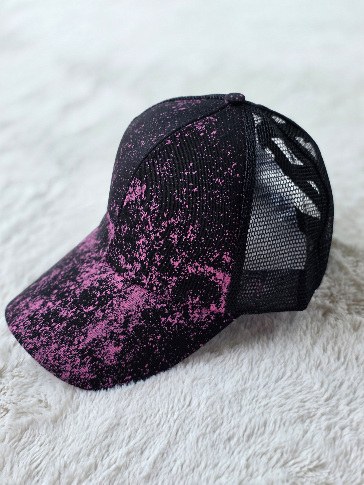 Pink & Black Splatter Criss Cross Ponytail Hat