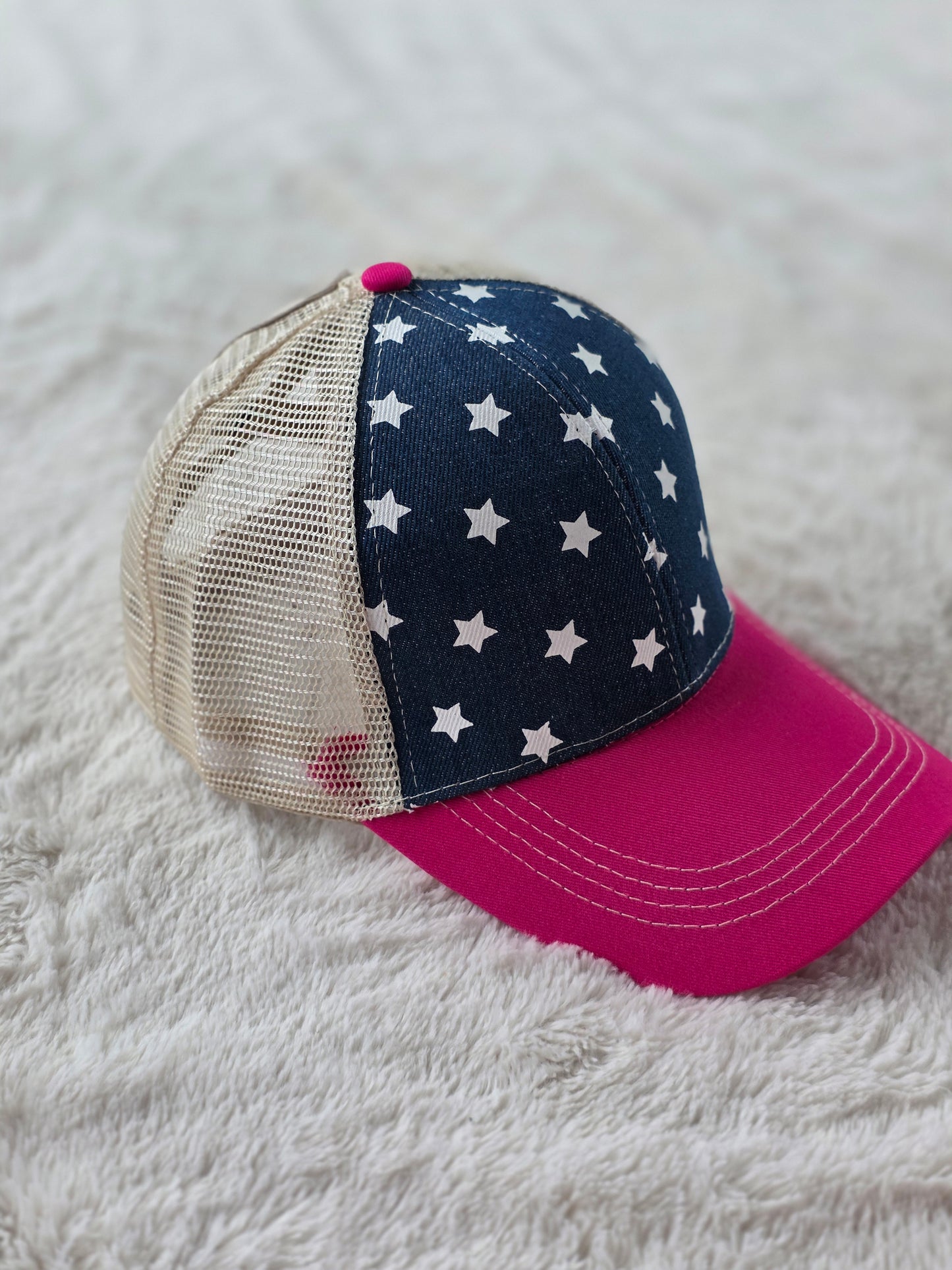 Stars & Hot Pink Criss Cross Ponytail Hat
