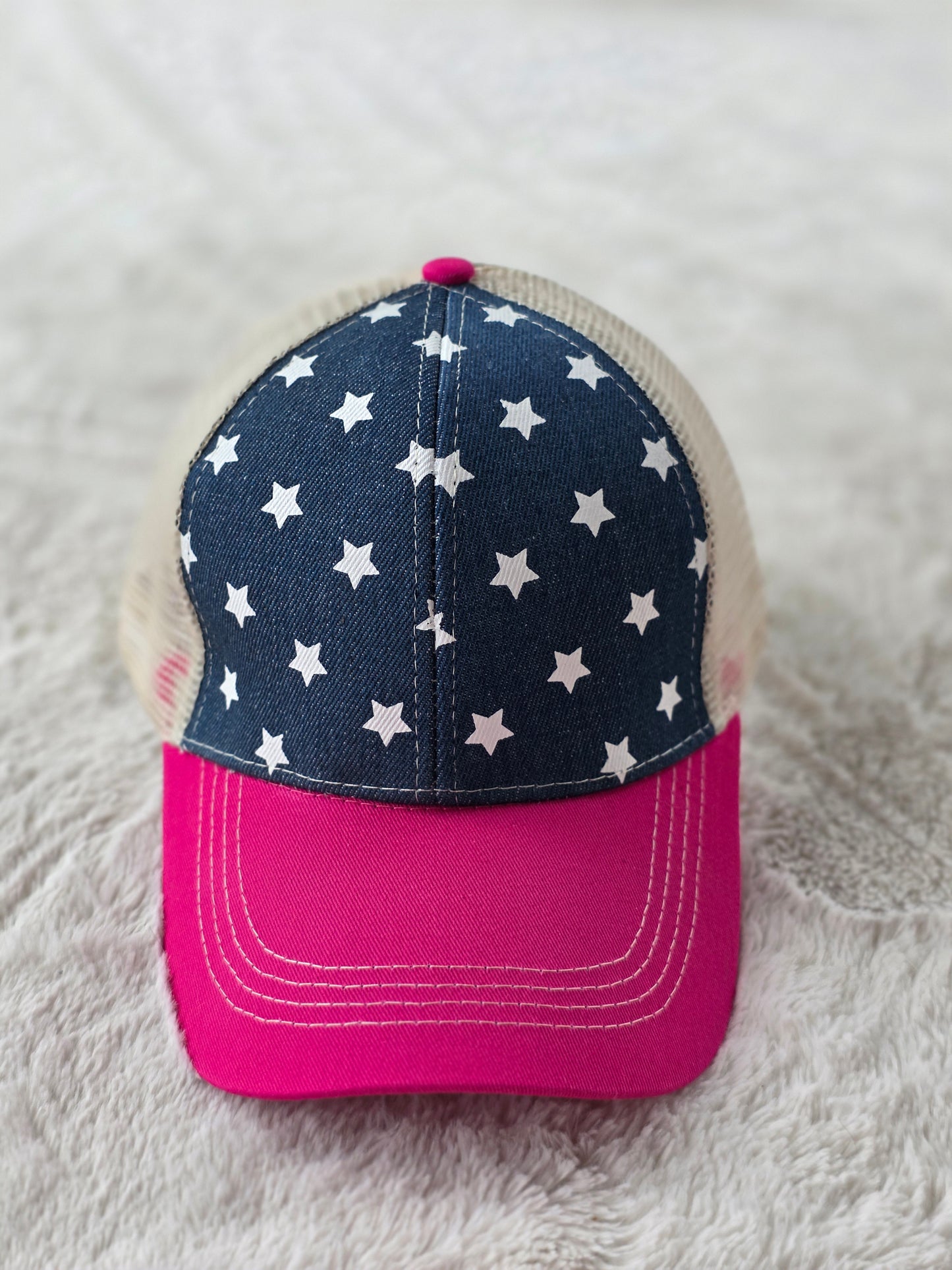Stars & Hot Pink Criss Cross Ponytail Hat