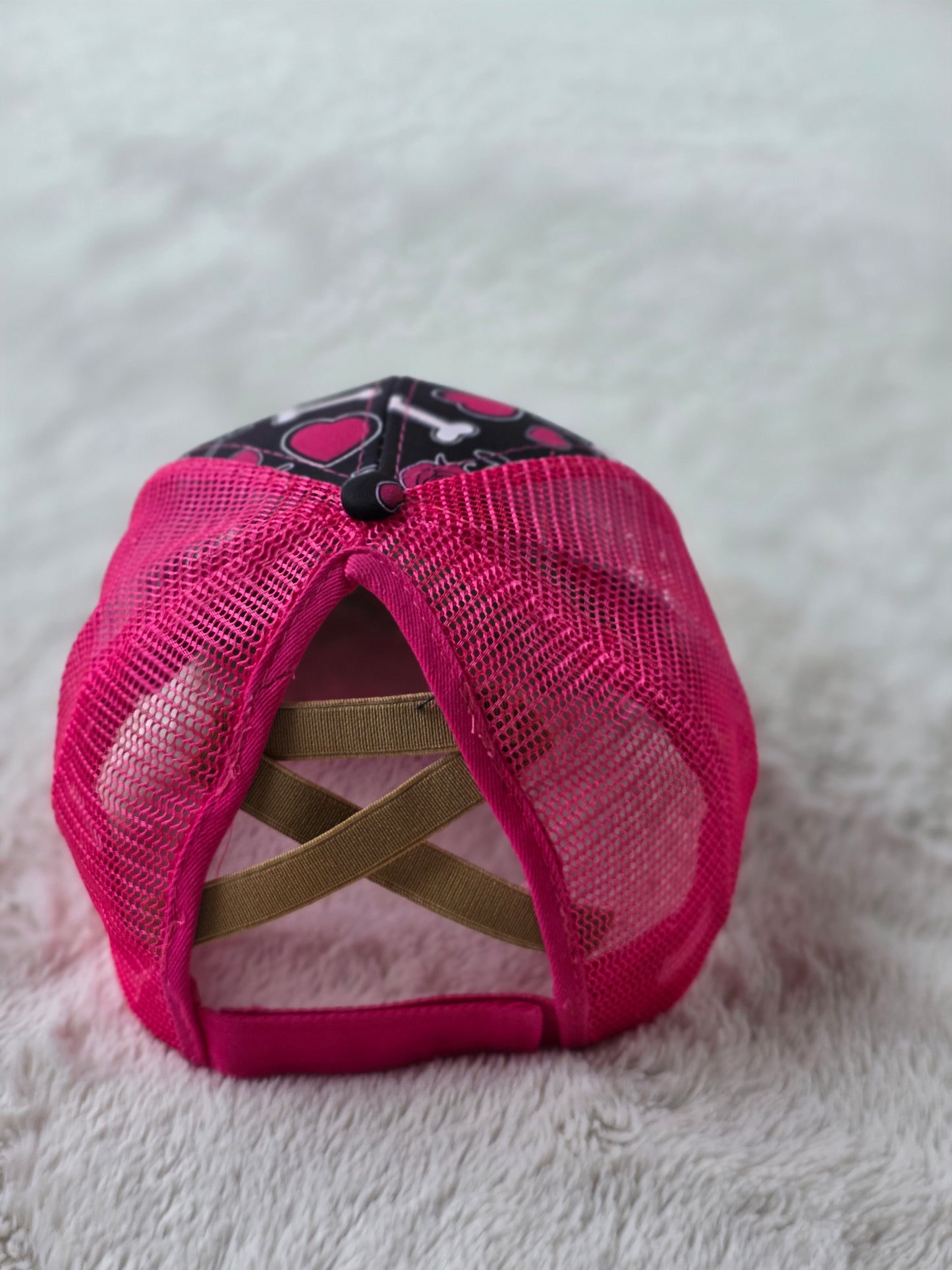 Pink Skull Criss Cross Ponytail Hat