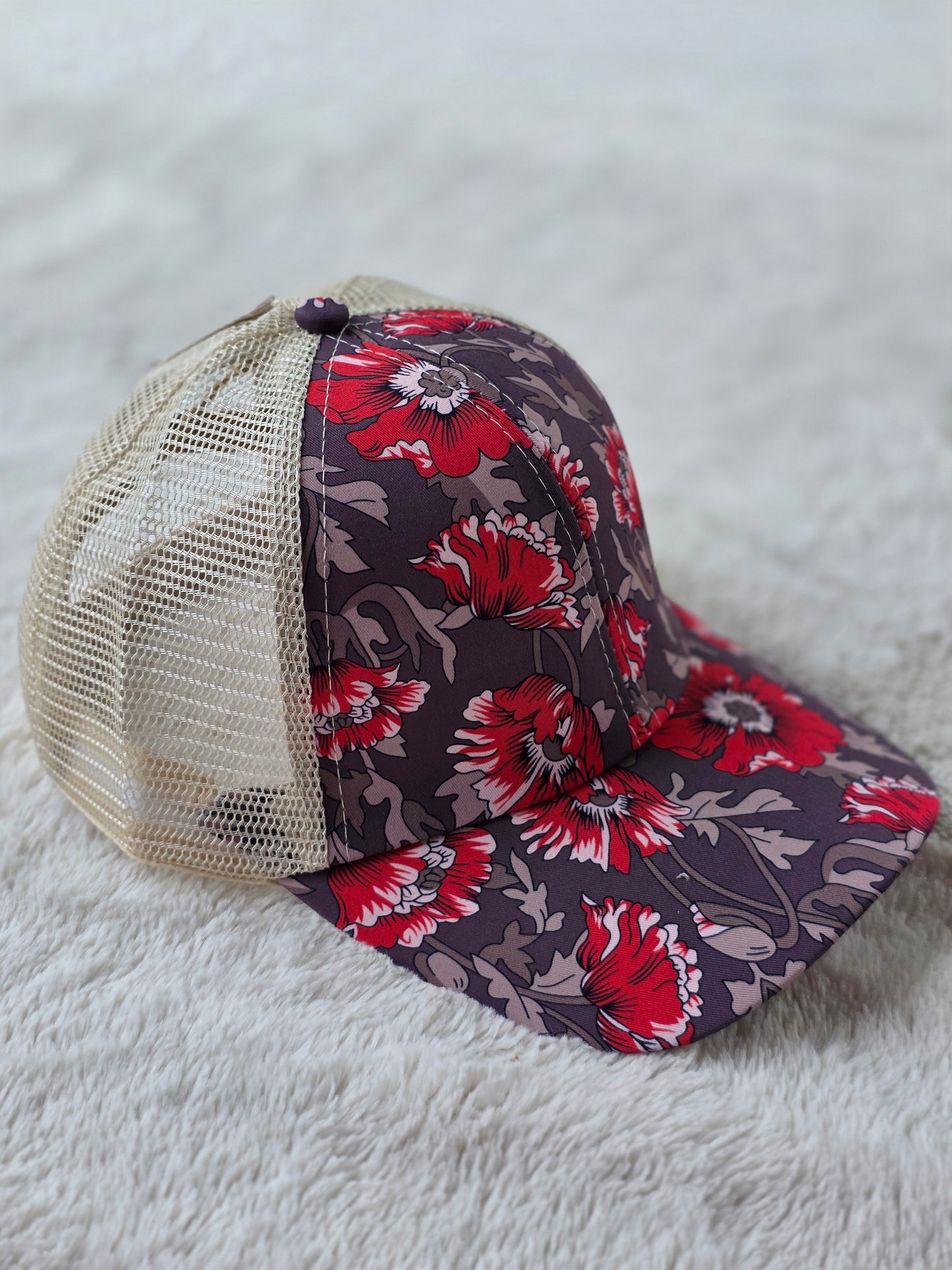 Crimson Wildflower Criss Cross Ponytail Hat