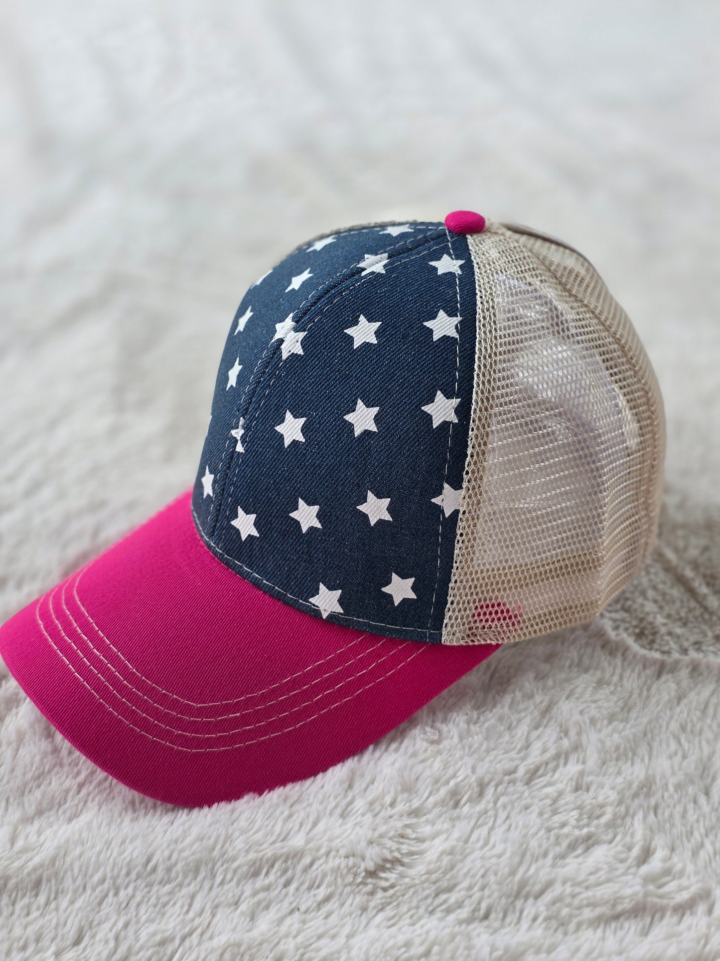 Stars & Hot Pink Criss Cross Ponytail Hat