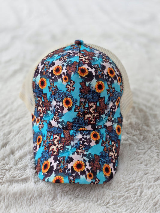 Turquoise Sunflower Cross Criss Cross Ponytail Hat