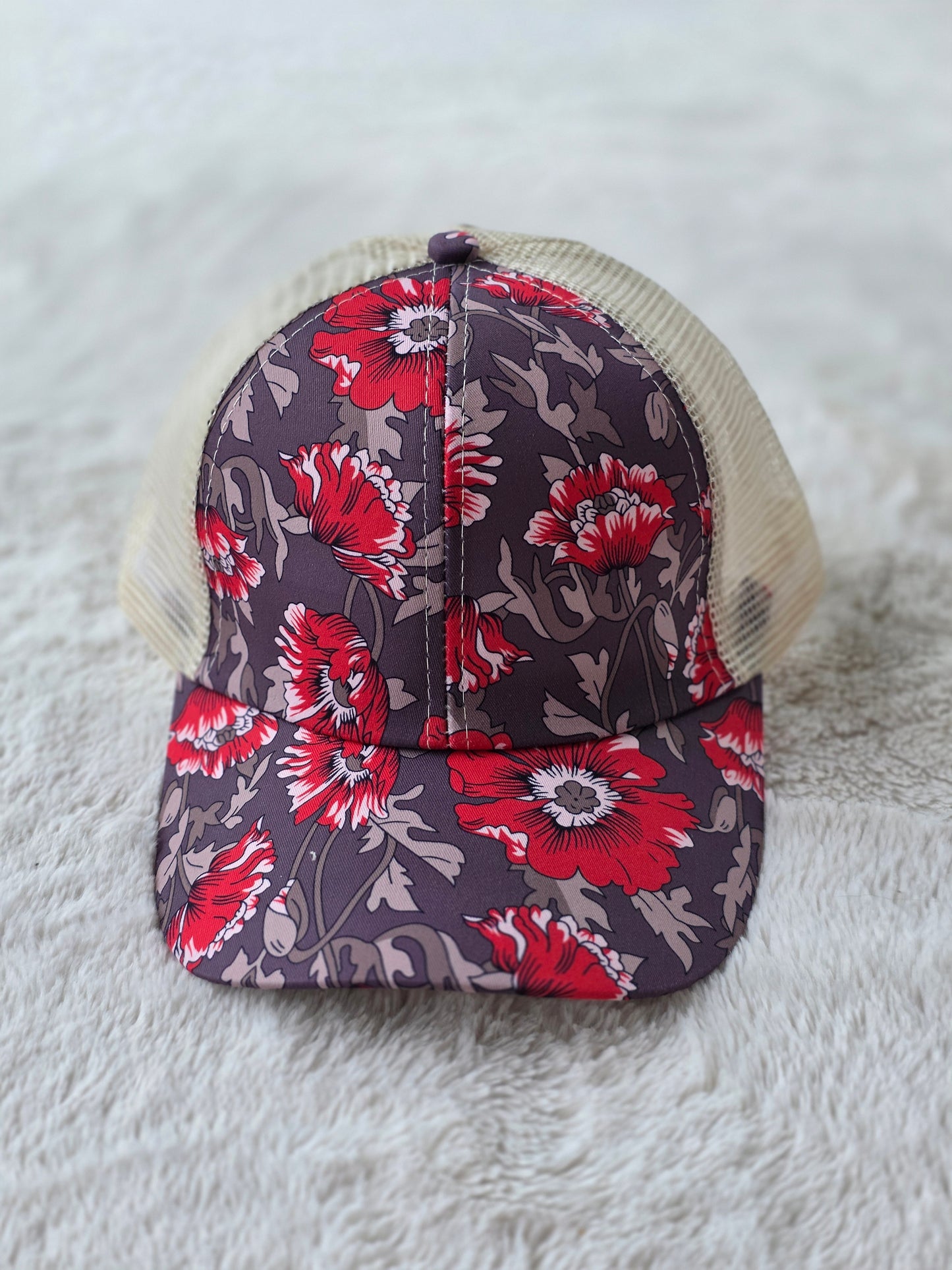 Crimson Wildflower Criss Cross Ponytail Hat