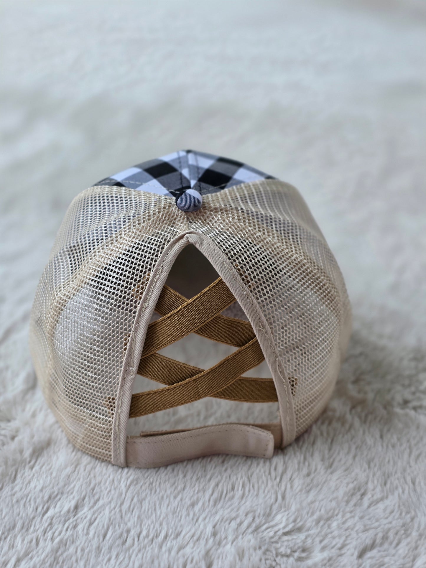 Classic Black & White Buffalo Plaid Criss Cross Ponytail Hat