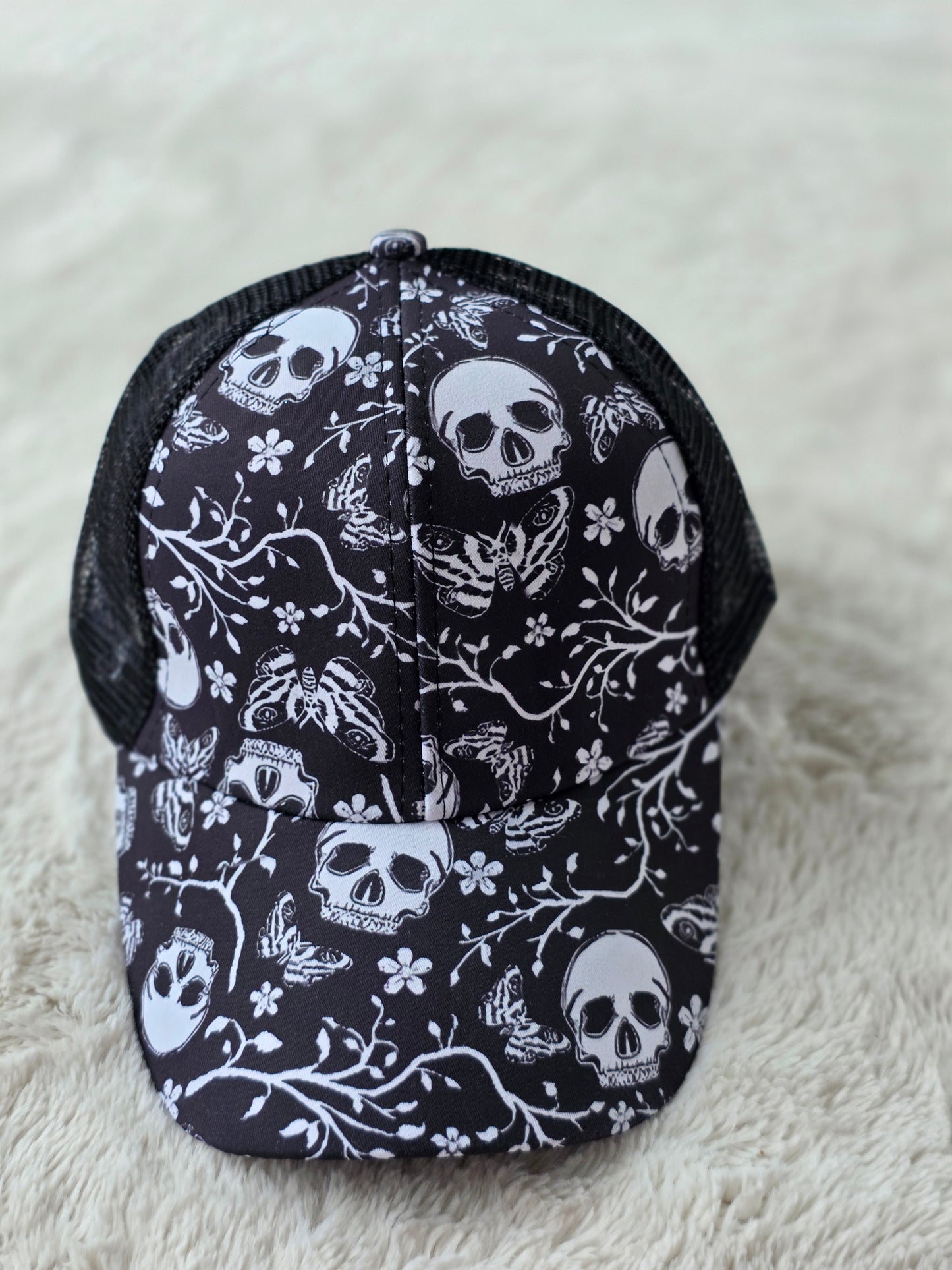 Midnight Skull & Moth Criss Cross Ponytail Hat