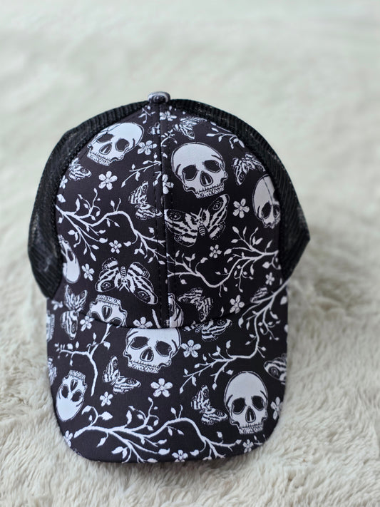 Midnight Skull & Moth Criss Cross Ponytail Hat