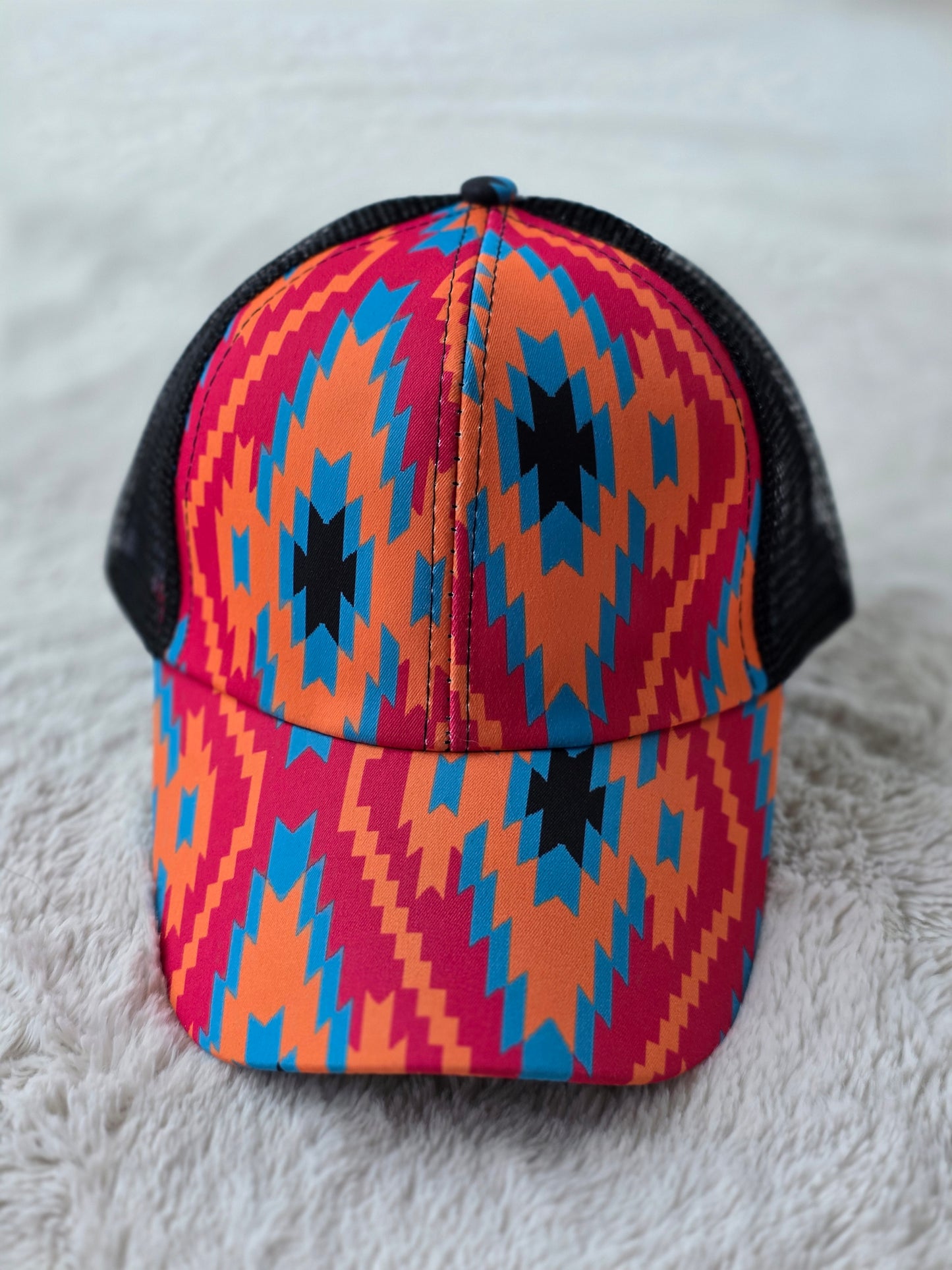 Vibrant Southwest Aztec Criss Cross Ponytail Hat