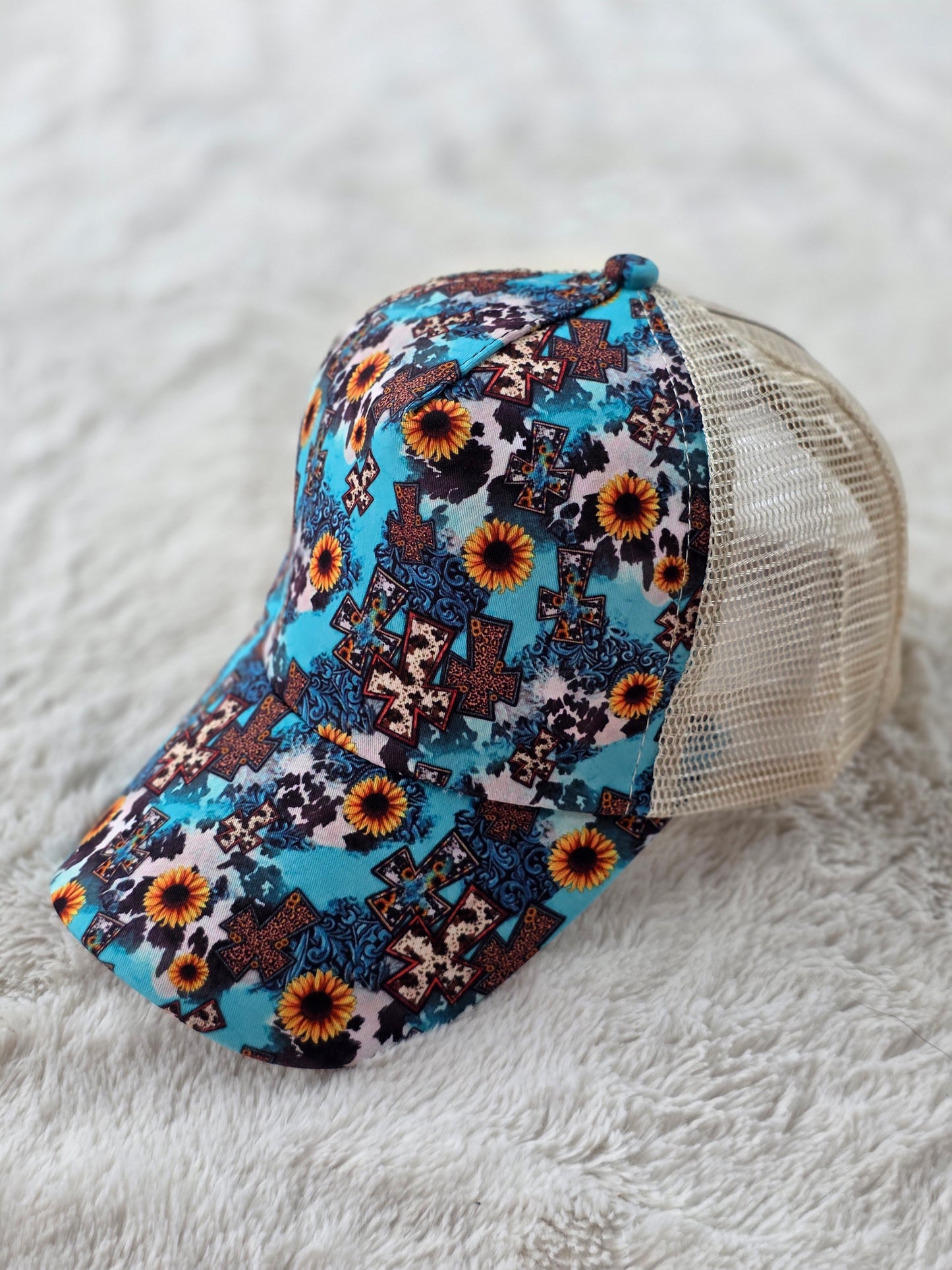 Turquoise Sunflower Cross Criss Cross Ponytail Hat