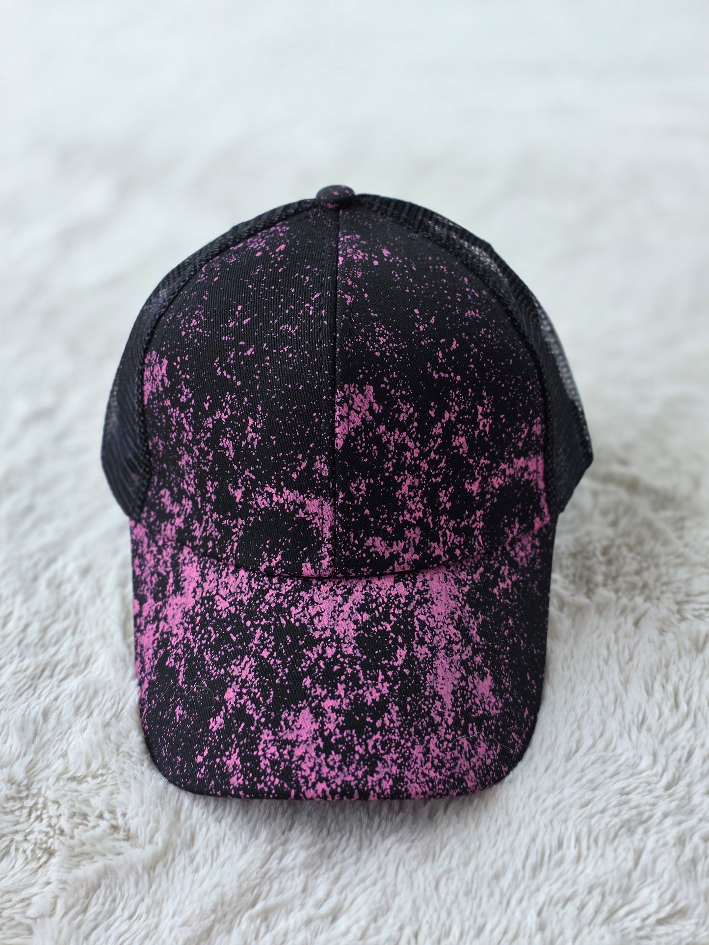 Pink & Black Splatter Criss Cross Ponytail Hat