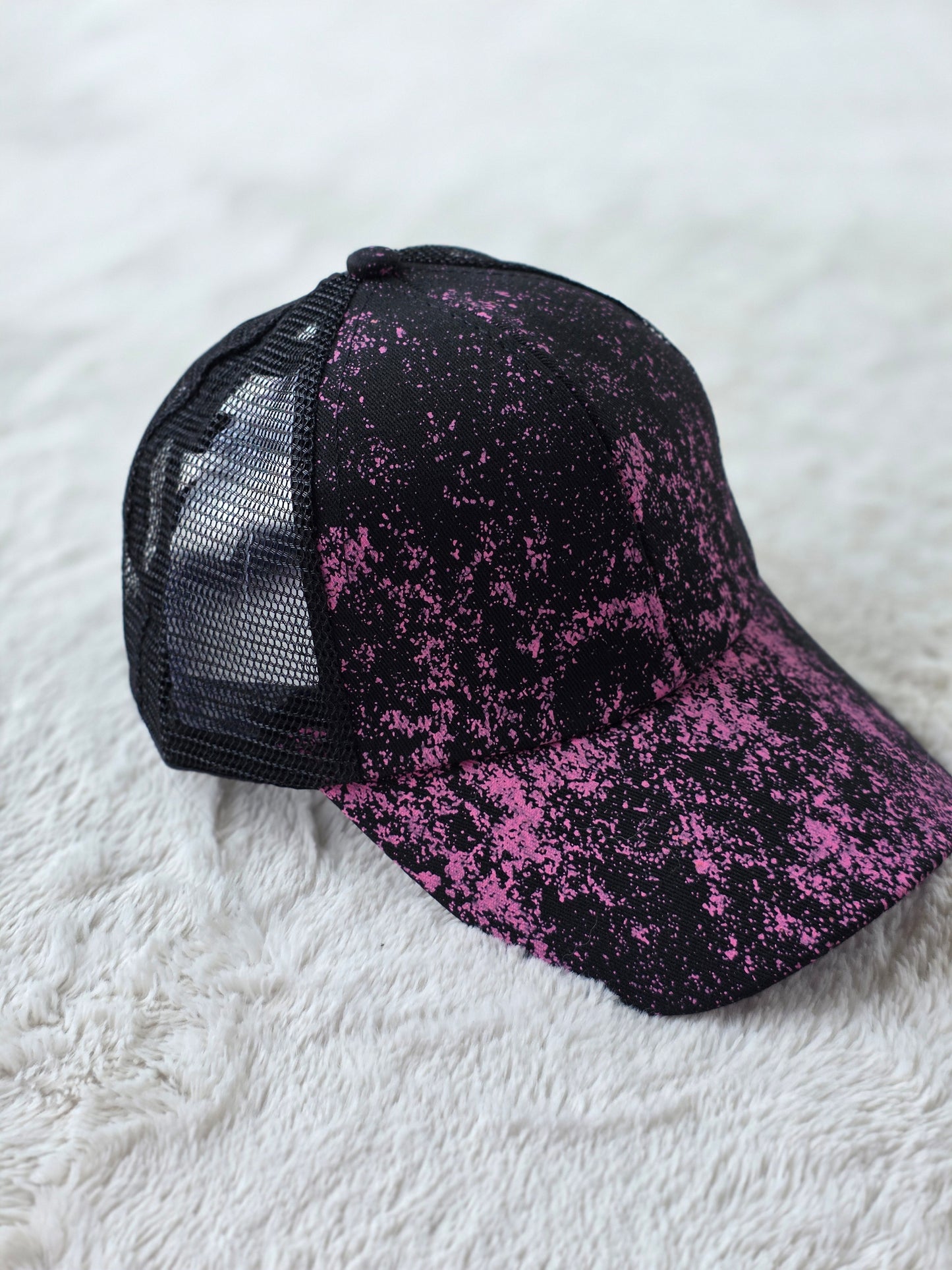 Pink & Black Splatter Criss Cross Ponytail Hat