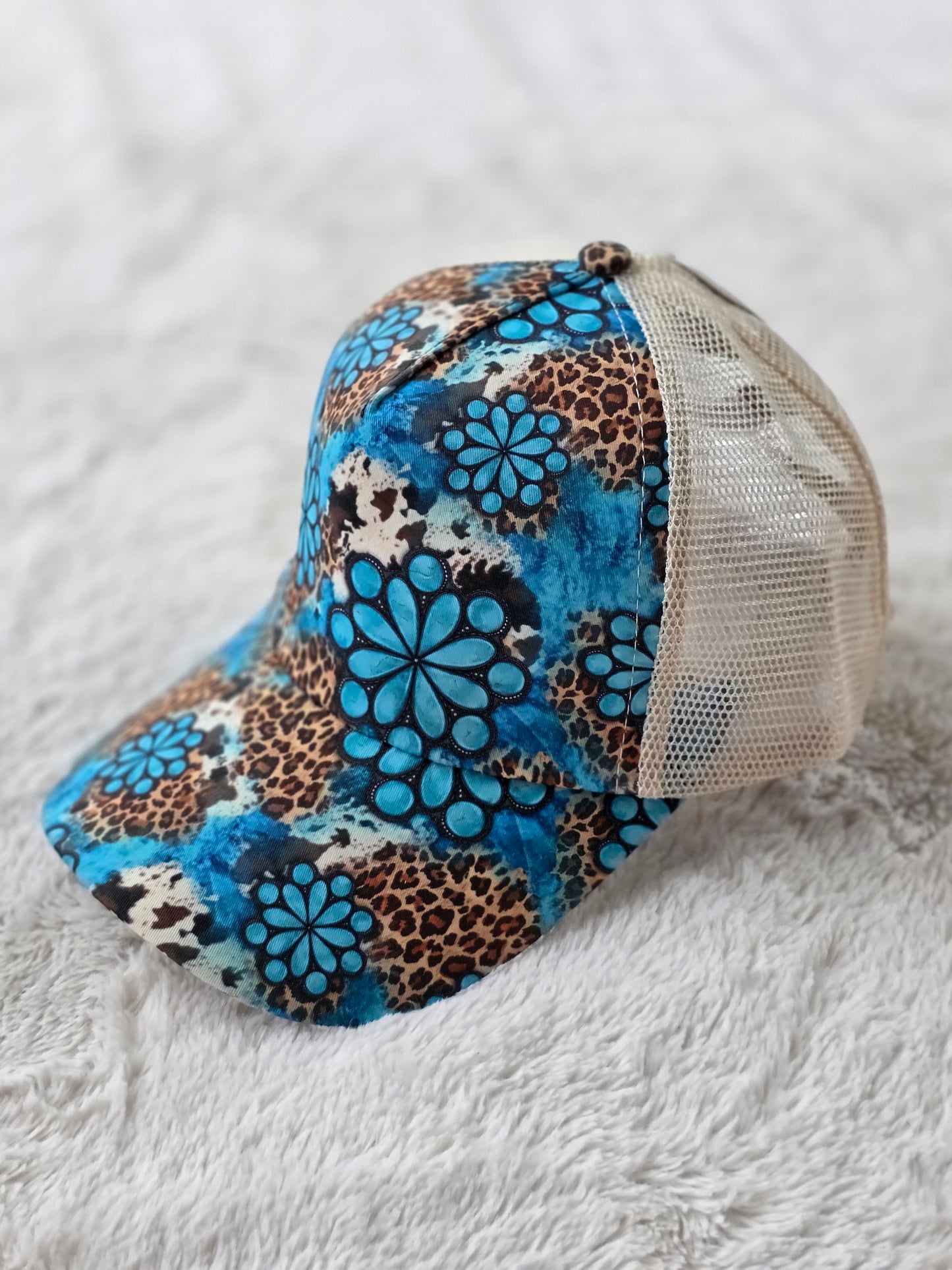 Turquoise Concho Leopard Criss Cross Ponytail Hat
