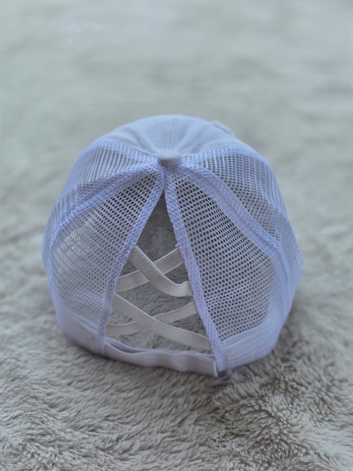 White Distressed Criss Cross Ponytail Hat