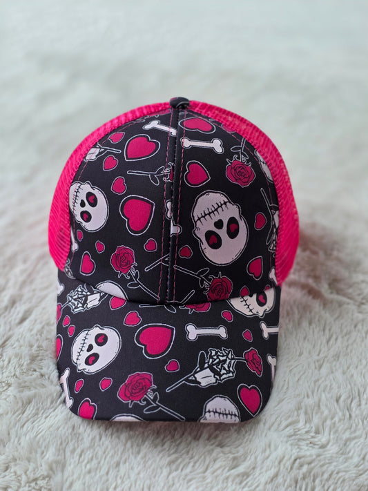 Pink Skull Criss Cross Ponytail Hat