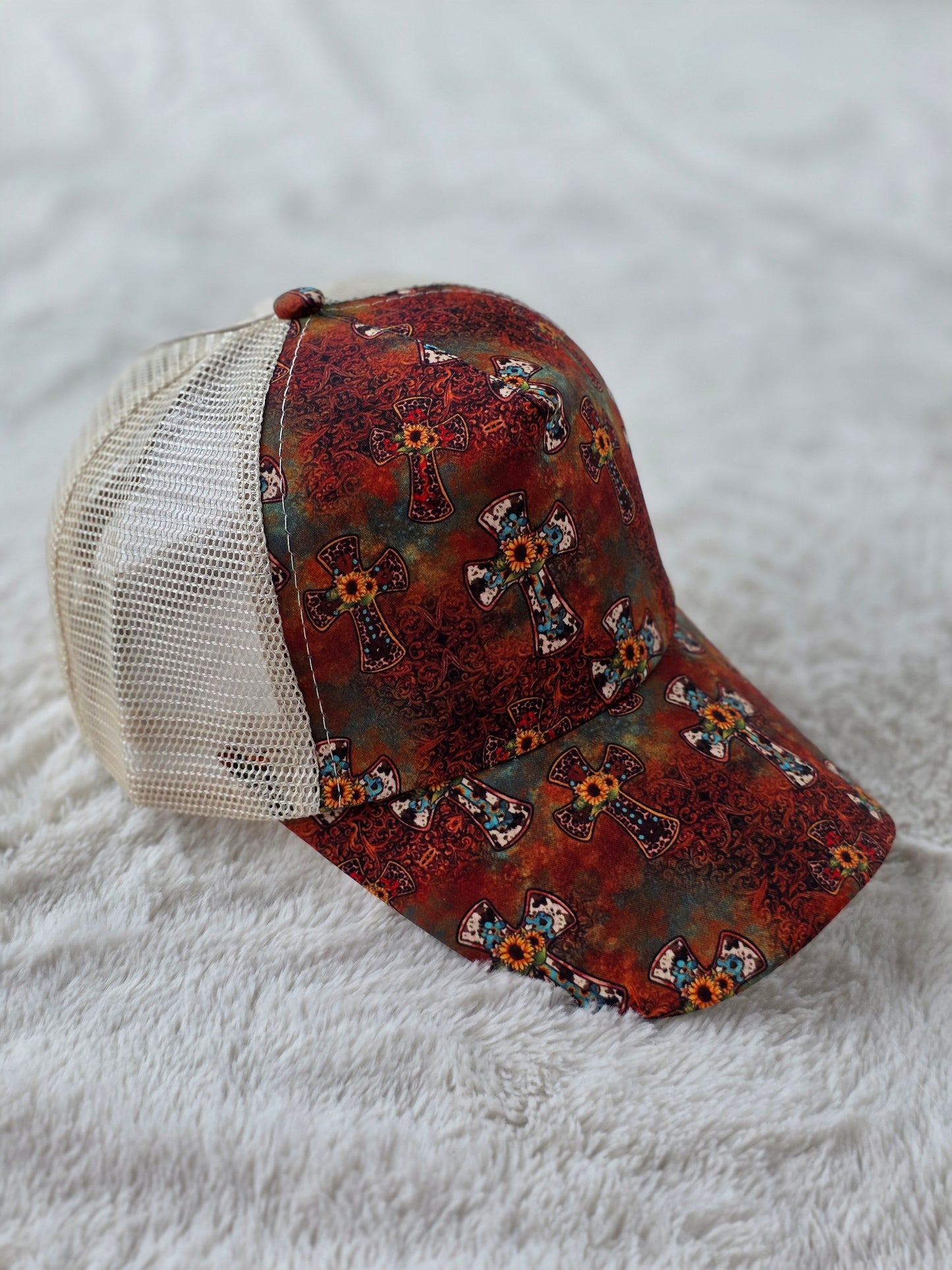 Rustic Sunflower Cross Criss Cross Ponytail Hat