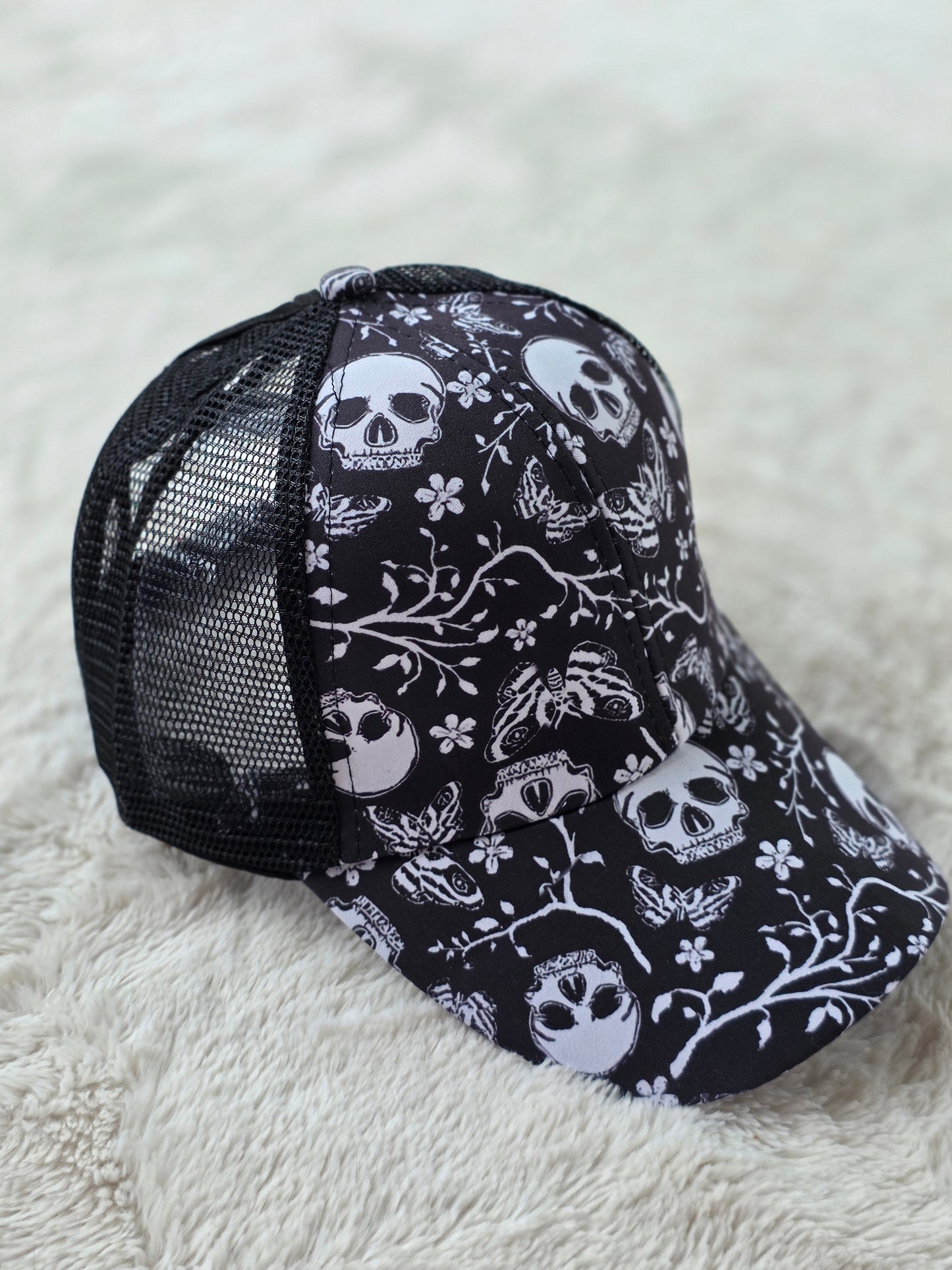 Midnight Skull & Moth Criss Cross Ponytail Hat