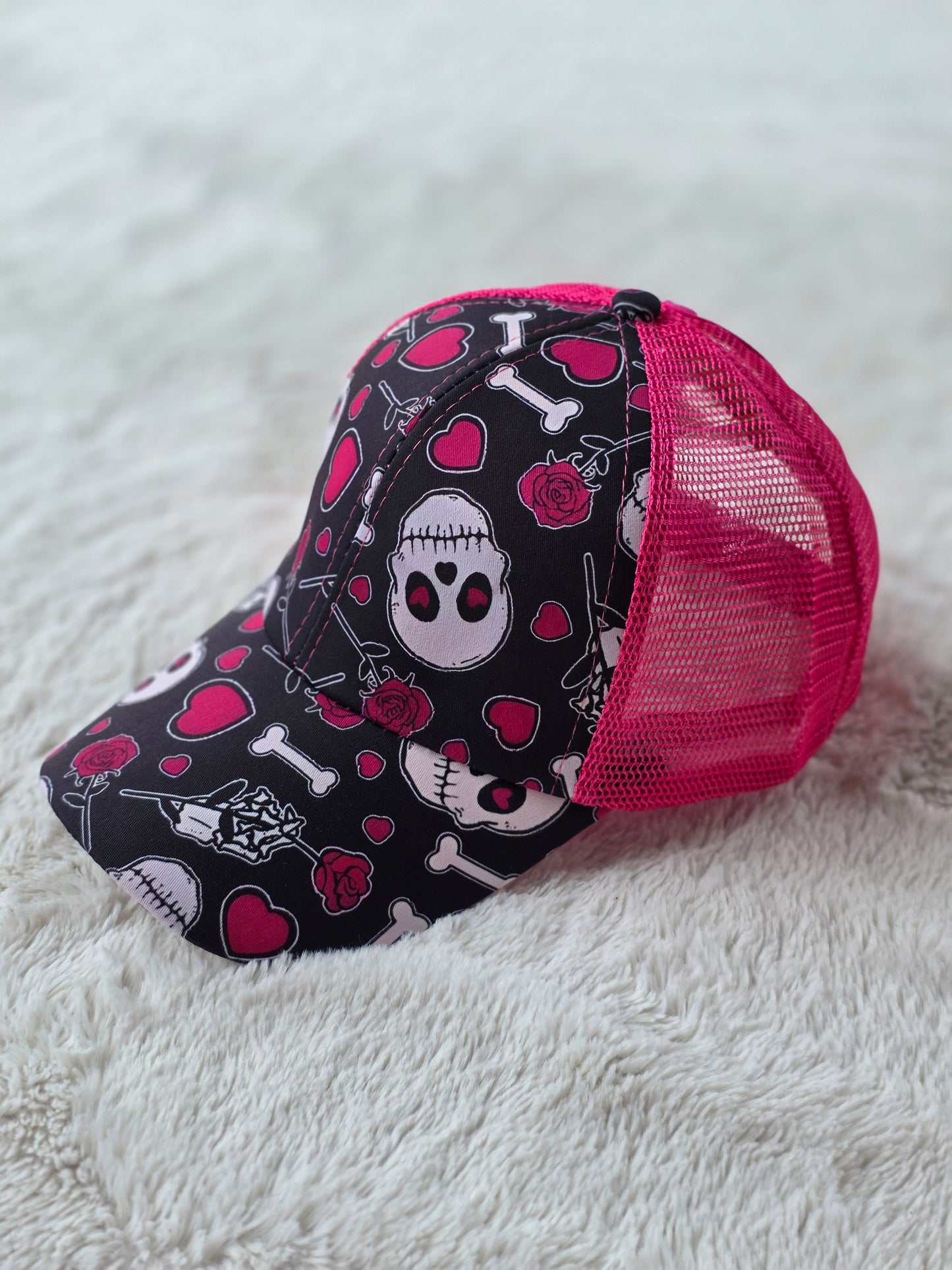 Pink Skull Criss Cross Ponytail Hat