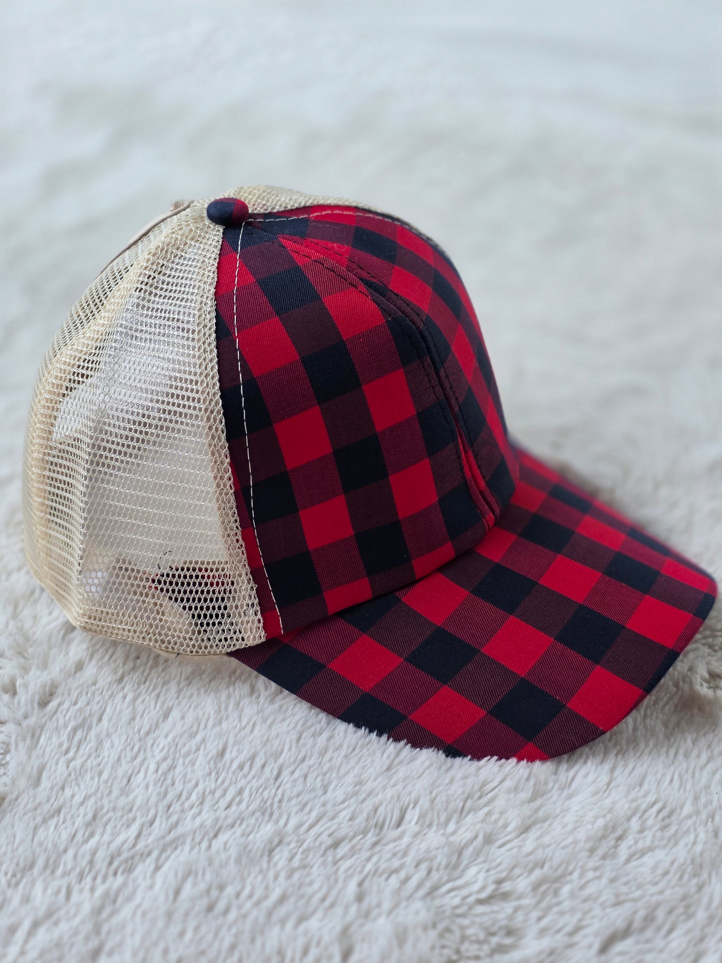 Red Buffalo Plaid Criss Cross Ponytail Hat