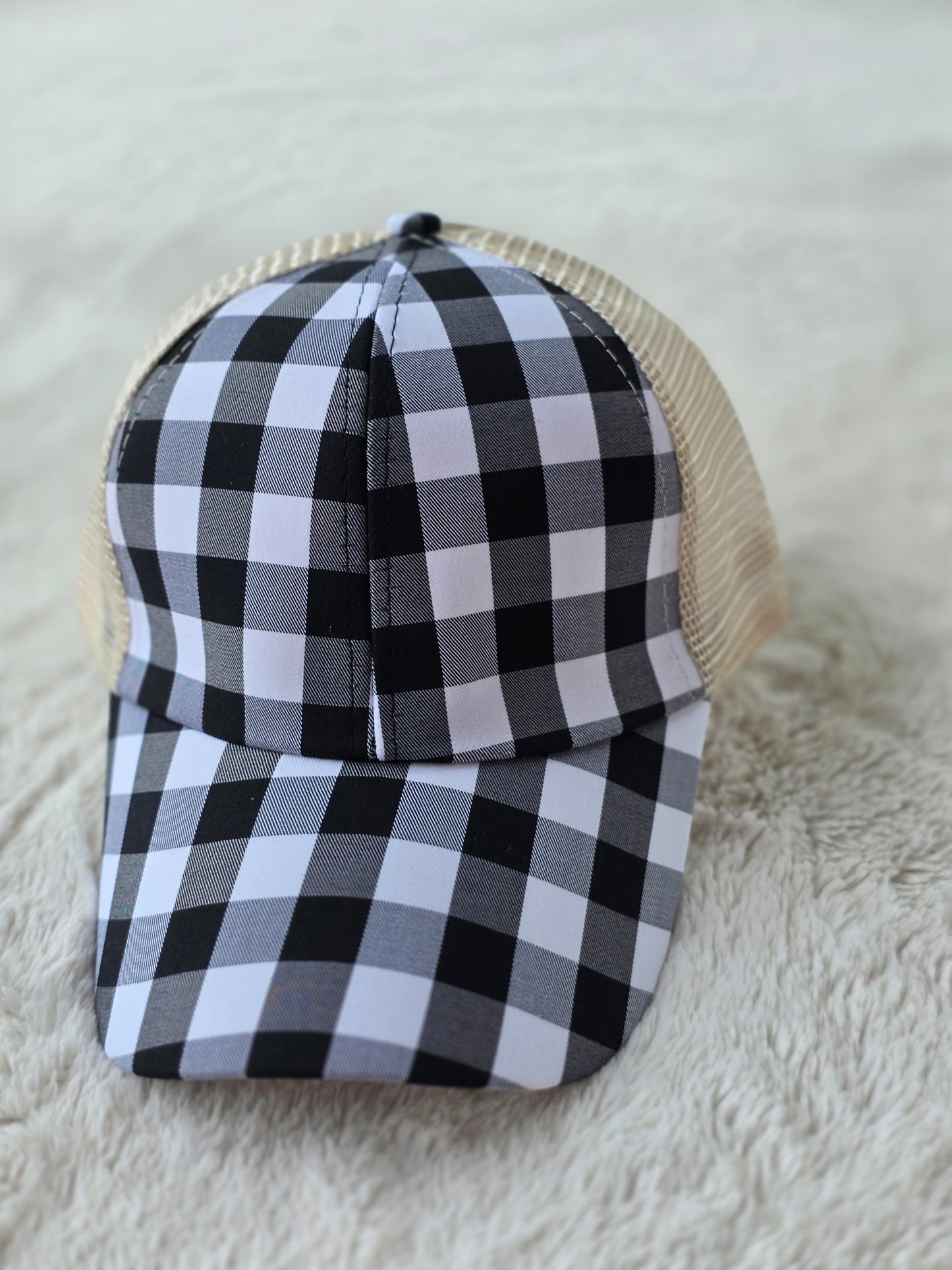 Classic Black & White Buffalo Plaid Criss Cross Ponytail Hat