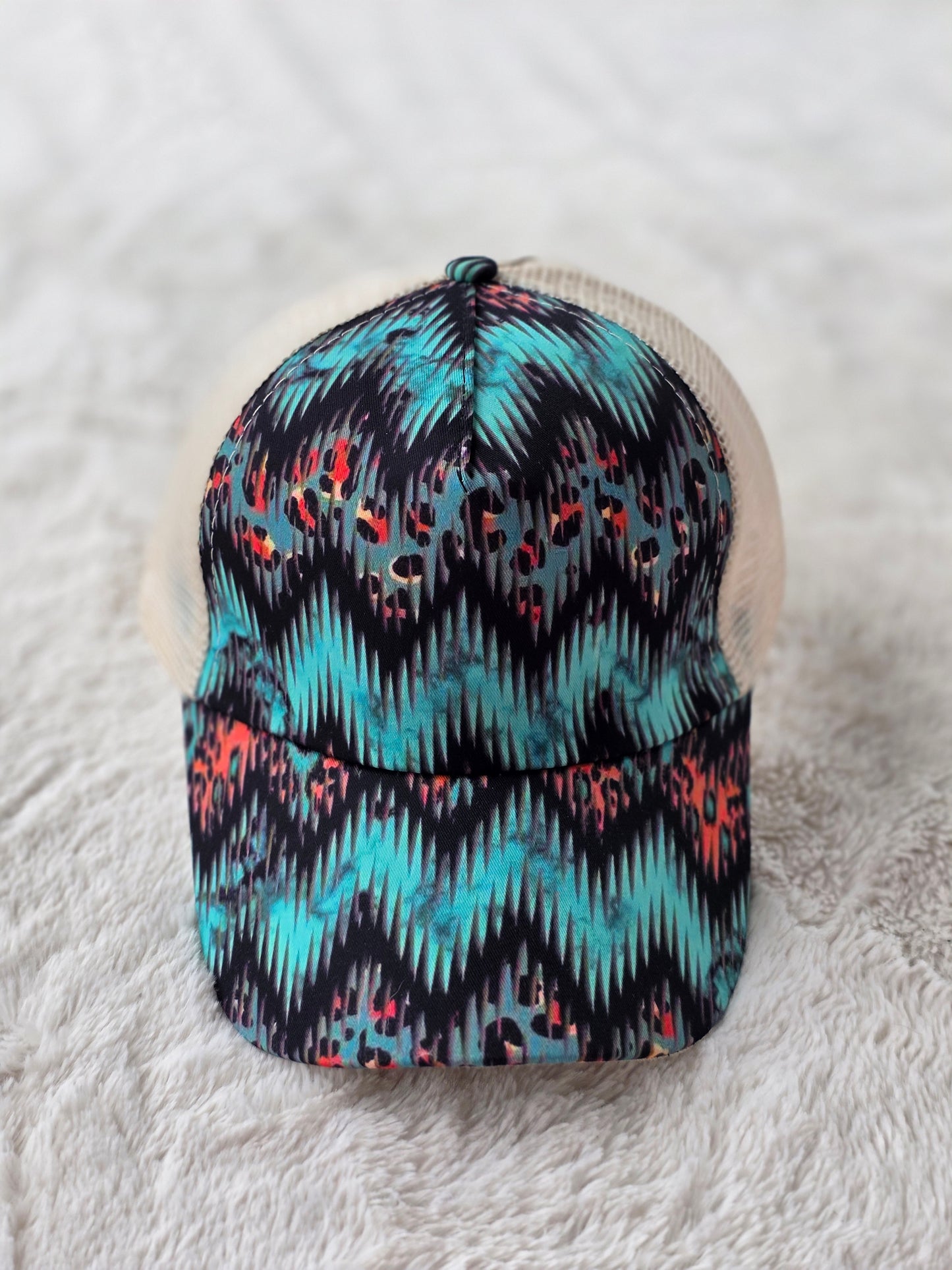 Turquoise Tribal Leopard Criss Cross Ponytail Hat