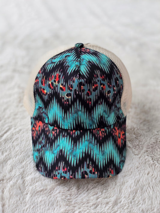 Turquoise Tribal Leopard Criss Cross Ponytail Hat