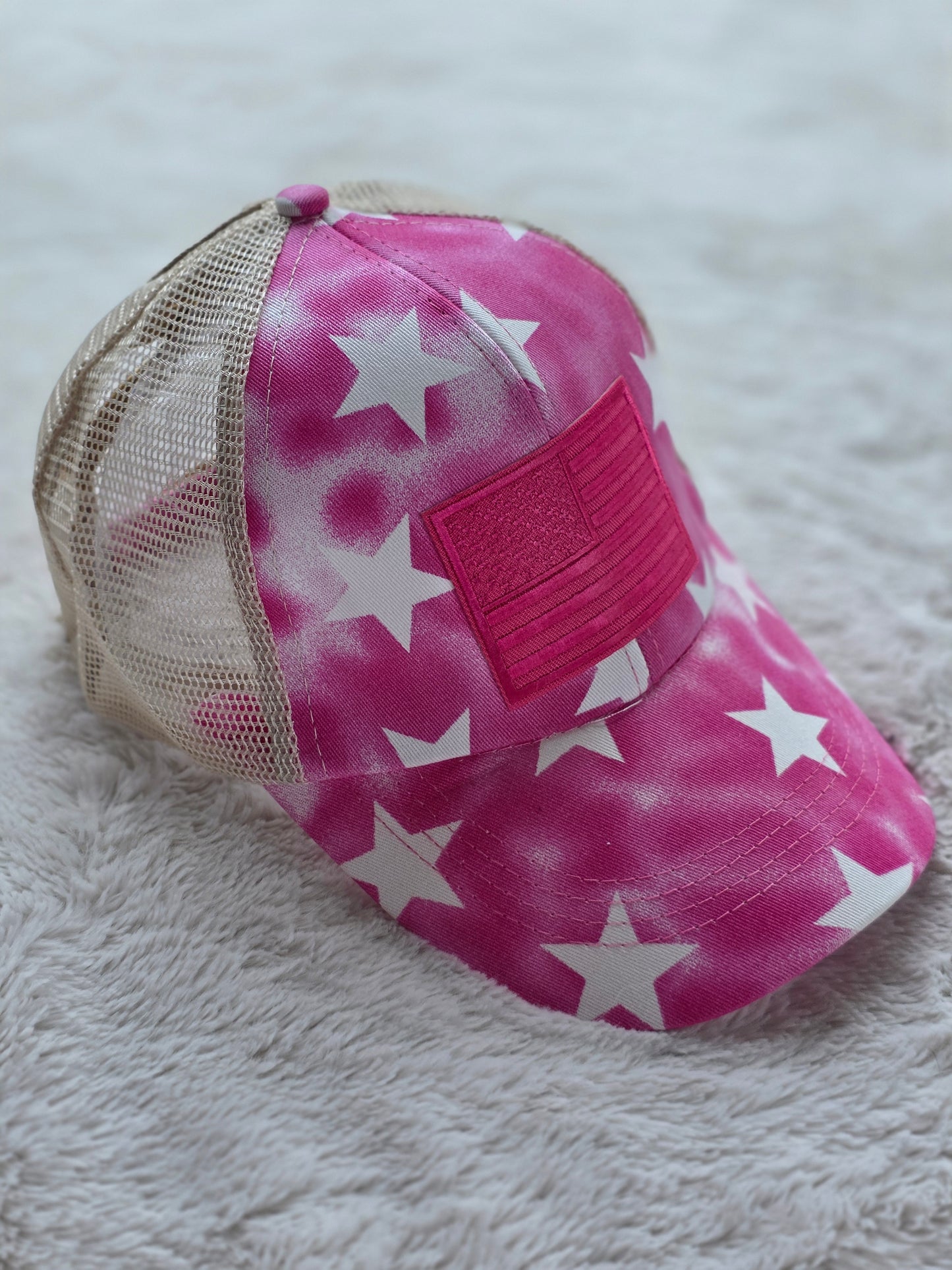 Pink Stars American Flag Trucker Hat
