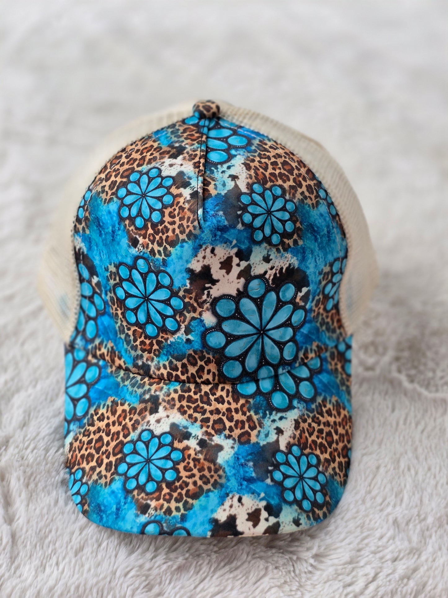 Turquoise Concho Leopard Criss Cross Ponytail Hat