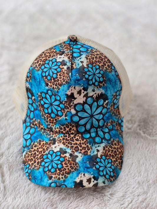 Turquoise Concho Leopard Criss Cross Ponytail Hat