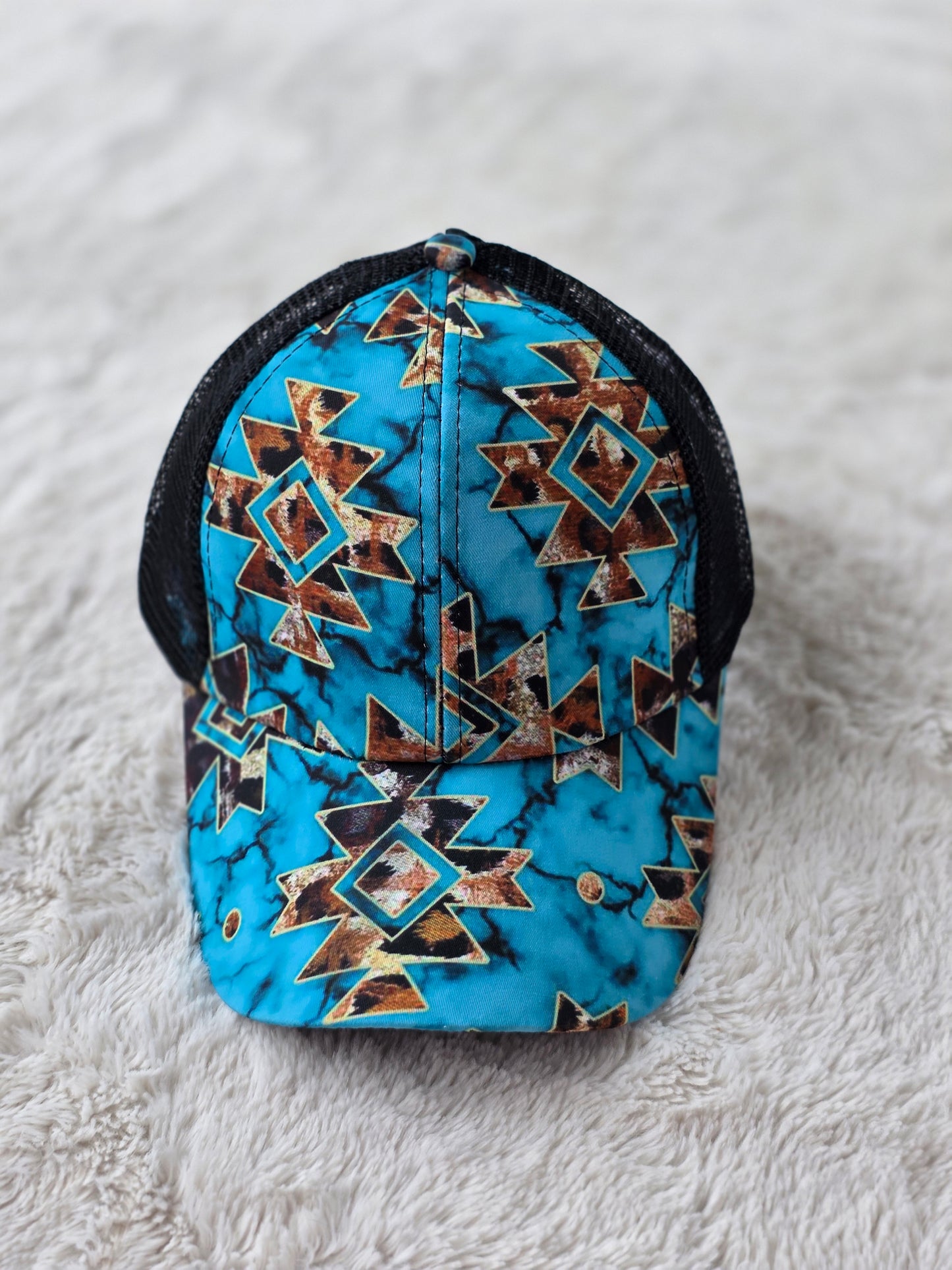 Turquoise Southwest Criss Cross Ponytail Hat