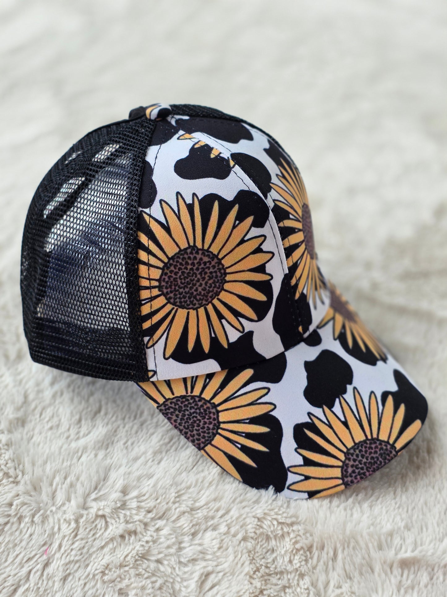 Sunflower Cow Print Criss Cross Ponytail Hat